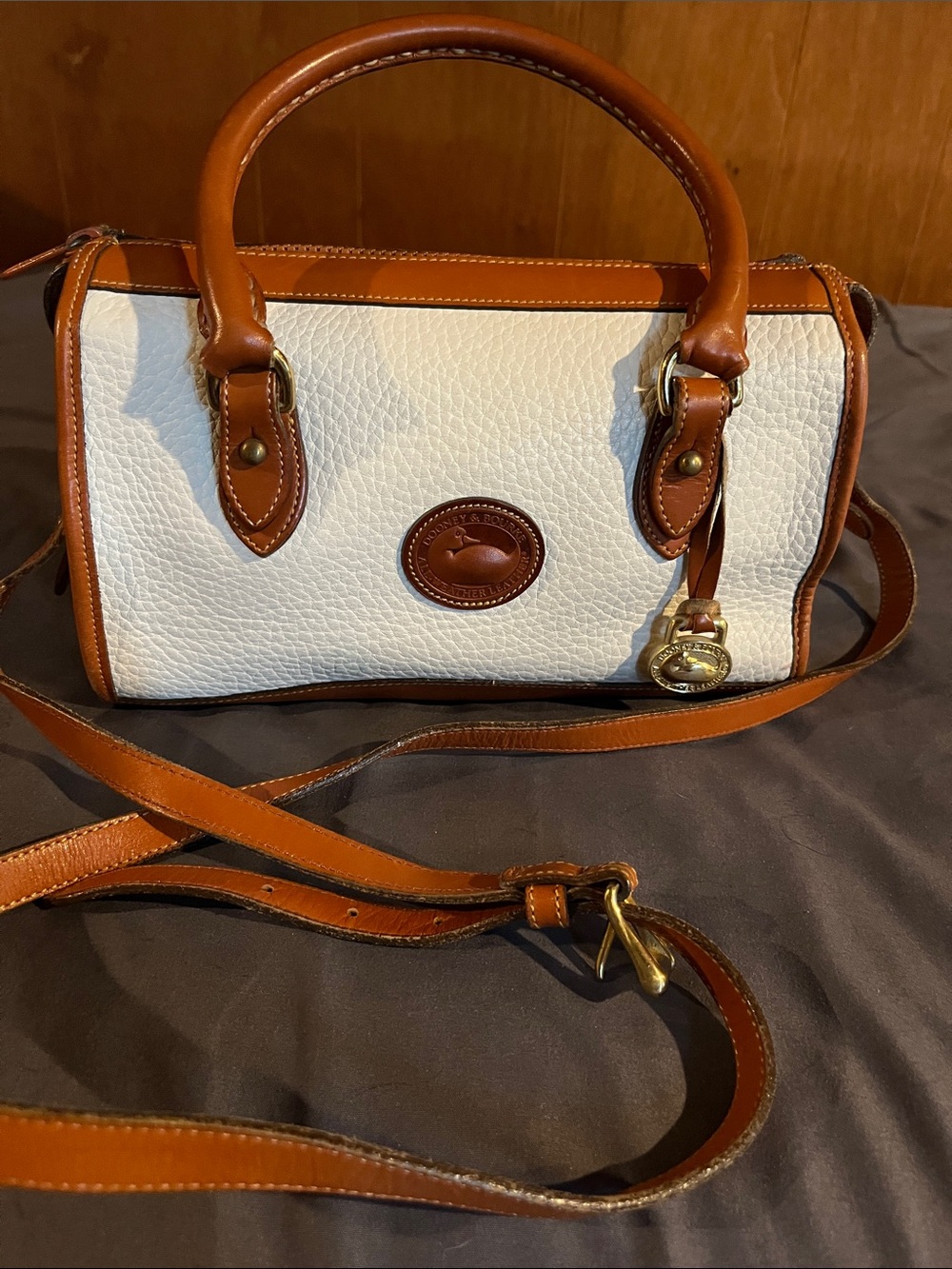 Vintage Dooney & Bourke White Pebble Leather Satchel and crossbody Brown Trim